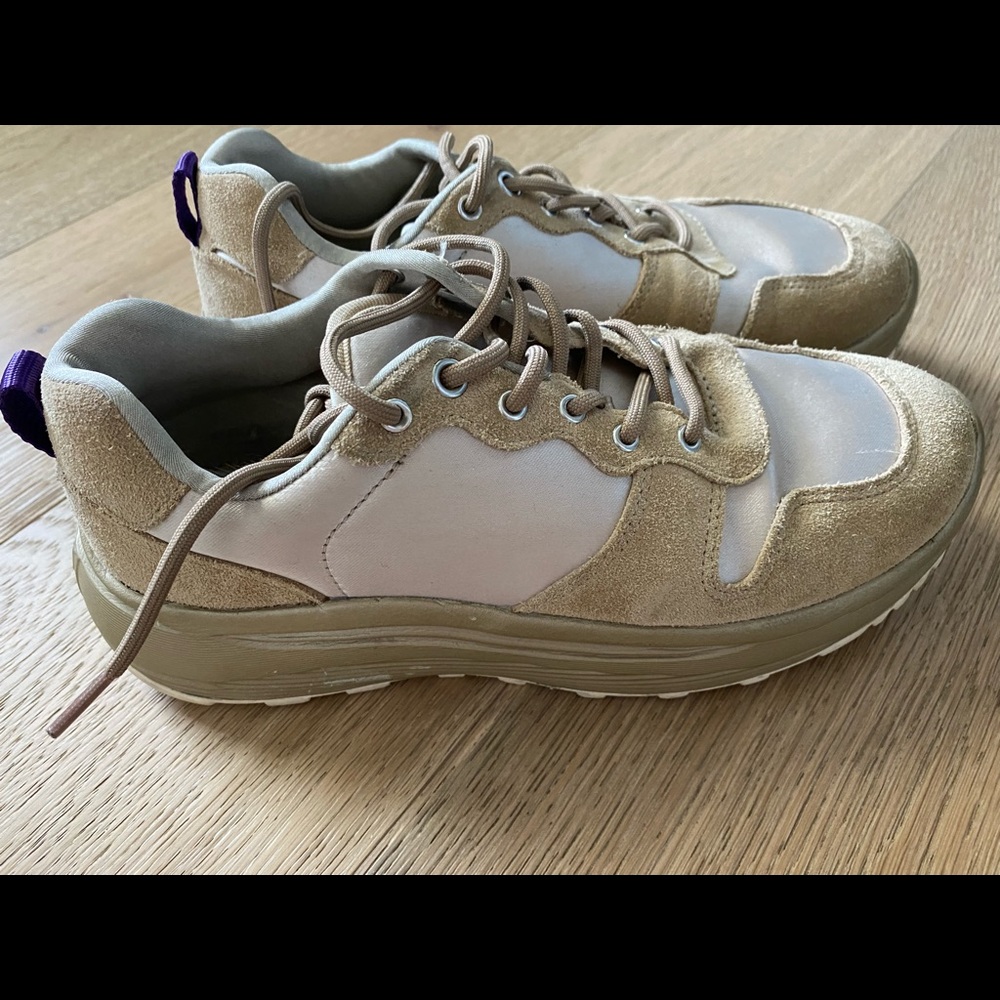 Eytys brand shoes. Tan with purple tab.